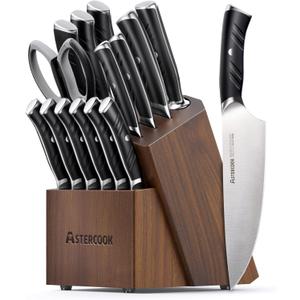 Astercook Kitchen Knife Set, 15 Piece Knife Block Sets with German 1.4116 Steel Sharper and Rust Proof, Full Tang Knives Set with Ergonomic Nylon Handle, Dishwasher Safe Black