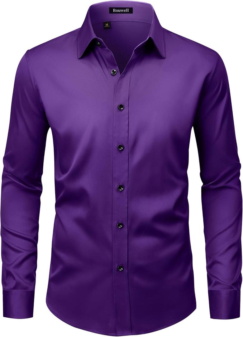 Mens Wrinkle Free Dress Shirts Regular Fit Long Sleeve Non Iron Business Casual Wedding Stretch Button Down Shirt (Large, Purple)