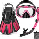 Snorkeling Gear for Adults, 4 in 1 Travel Size Mask Fins Snorkel Set with Panoramic View Anti Fog Mask, Dry Top Snorkel, Trek Fins and Travel Bag, Snorkel Gear for Swimming Diving Snorkeling (Pink)