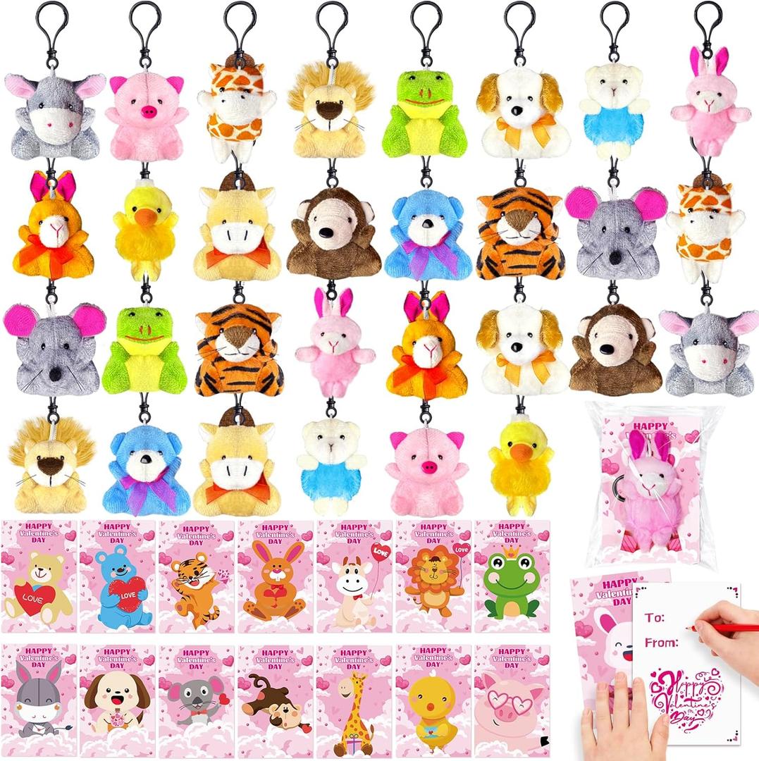 30 Pack Valentines Cards for kids with Animal Plush Toy Set Key Chain,Valentine's Day Exchange Card Gifts for Classroom Prize,Party Favors,School Rewards