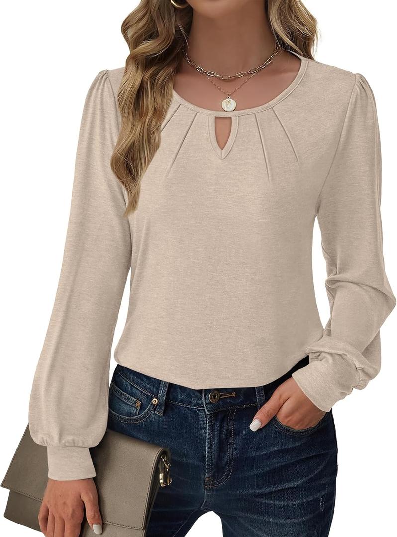 Womens Long Sleeve Tops Dressy Business Casual Blouses Basic Loose Fit V Neck Work Shirt 2025 Fall Clothes Outfits (Beige)