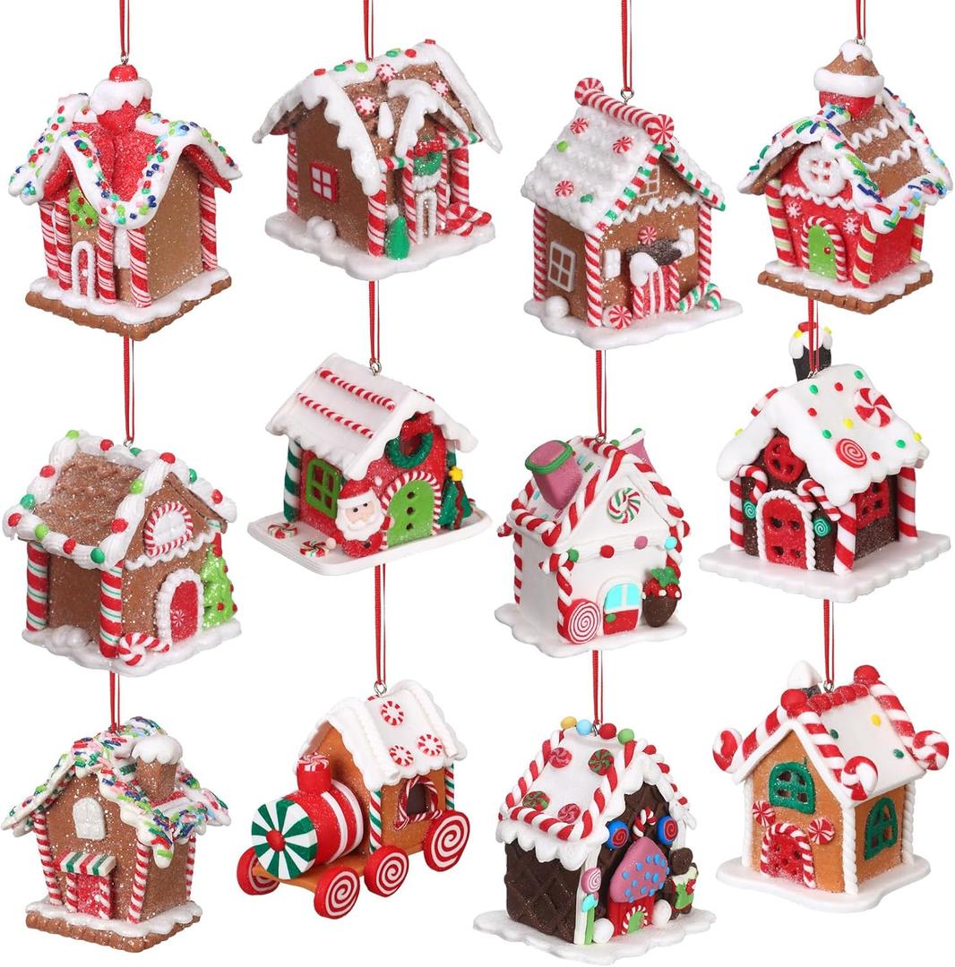 Funtery 12 Pcs Gingerbread House Ornaments for Christmas Tree Gingerbread Christmas Decor with Rope Xmas Hanging Ornaments for Tree Holiday Party New Year Home Decorations (Elegant Style)