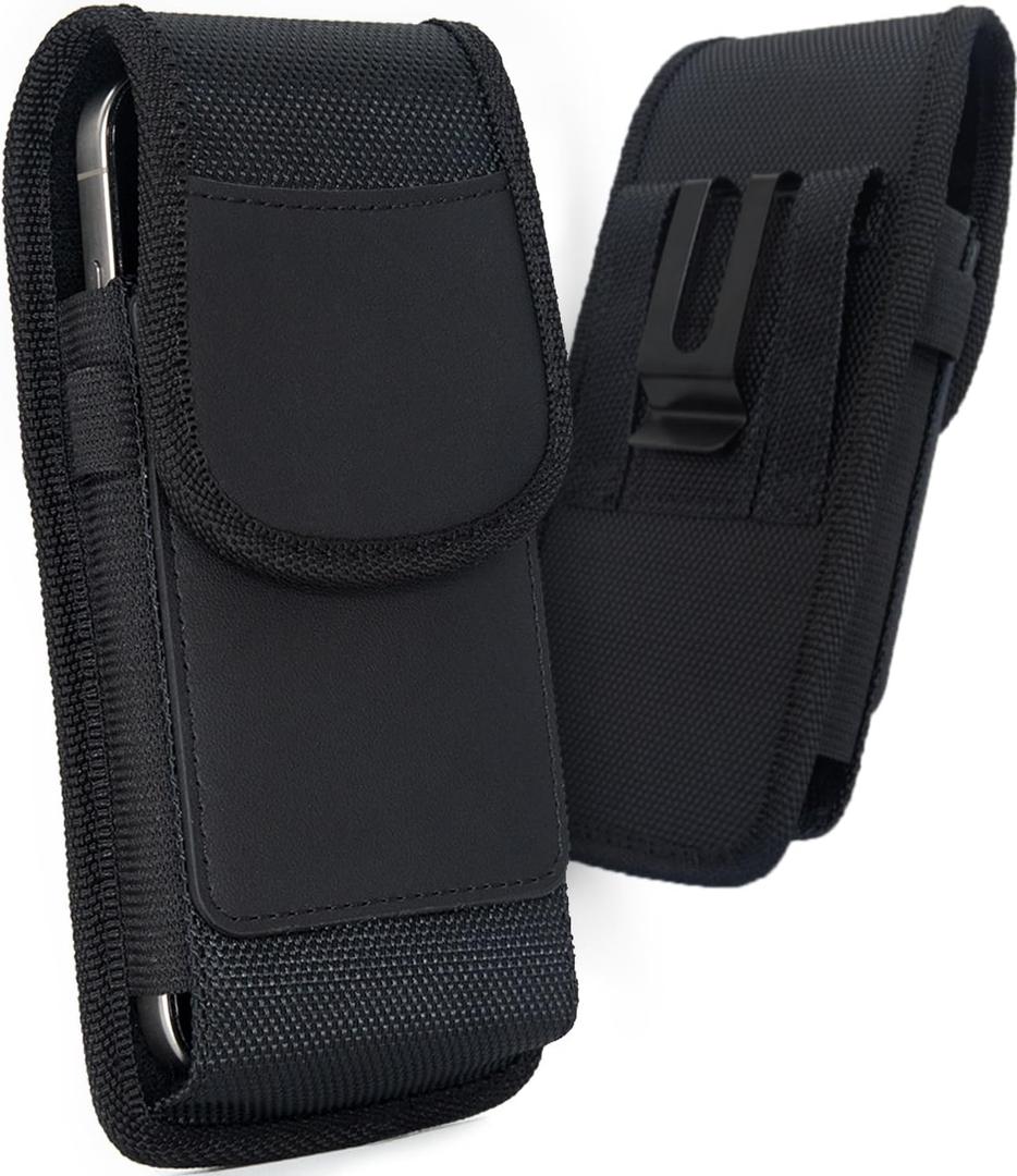 Phone Holster Pouch Compatible with iPhone 17/16/15/14/13/12 and Pro Models, Galaxy S25 S24 S23 S22, Cell Phone Belt Holder with Card Holder and Magnetic Closure, M-Black