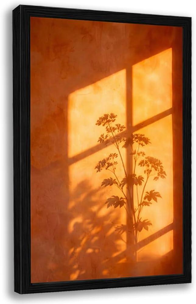 Framed Sunset Wall Art, Orange Window Shadow Poster Print, Minimalist Botanical Silhouette Picture Painting, Modern Aesthetic Picture Wall Decor for Bedroom Living Room 16x24 Inches