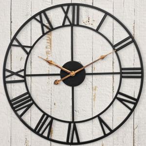 Outdoor Clocks for Patio, Large Outdoor Pool Clock, European Industrial Skeleton Metal Outdoor Clock Silent Battery Operated, Black Vintage Wall Clock for Backyard/Garden/Fence, 14 in