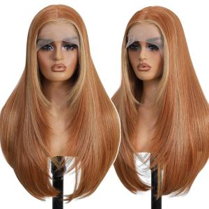 Synthetic Lace Front Wigs Pre Plucked 13x4 Lace Skunk Stripe Blonde Ginger 26 Inch Long Layered Straight Wigs For Women 100% Futura Fiber Ready to Wear Glueless Wig With Bangs Daily Party Use