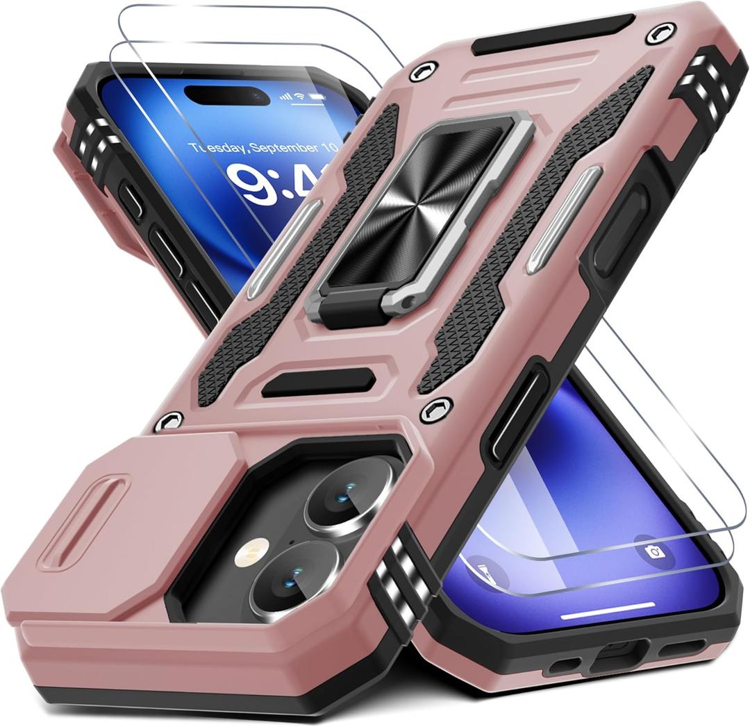 DEERLAMN Case for iPhone 17 6.3-Inch with Slide Camera Cover + Screen Protector (2 Packs), Rotated Ring Kickstand Military Grade Shockproof Protective Cover-Rose Gold