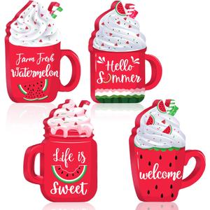 Qunclay 4 Pcs Watermelon Summer Wooden Tiered Tray Decor Wood Watermelon Decorations Self Standing 3D Rustic Farmhouse Summer Decor Wooden Block Signs for Home Kitchen Shelf Centerpiece
