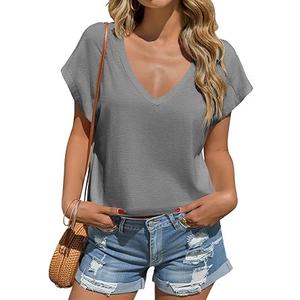 Tankaneo Womens Cropped Deep V Neck T Shirts Summer Casual Short Cap Sleeve Tops Loose Fit Basic Tee, M, Grey