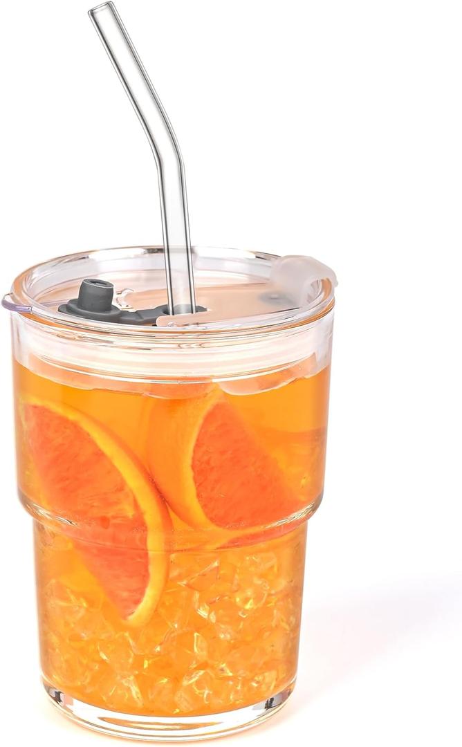 13oz Glass Tumbler with Straw and Lid Sealed, Carry On Reusable Iced Coffee Cups,Thick Wall Glass Coffee Drinking Glassware Cups (White) (A1-clear)