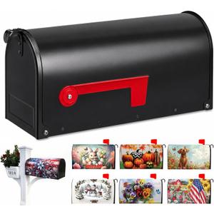 Mailbox with Random Assorted 6 Magnetic Mailbox Covers, Die-Cast Metal Post Mount Mailbox, Black Large Capacity Outdoor Mailbox,  Spacious 19" × 8.7" × 7" interior fits letters, magazines, and small packages, Fits standard 4×4 posts