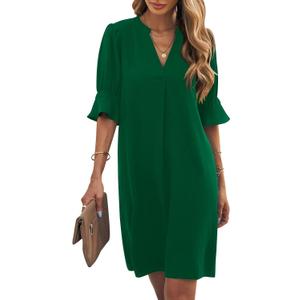 Wkior Shift Dress for Women V Neck Short Sleeves Solid Color Casual Flowy Summer Dresses XXL