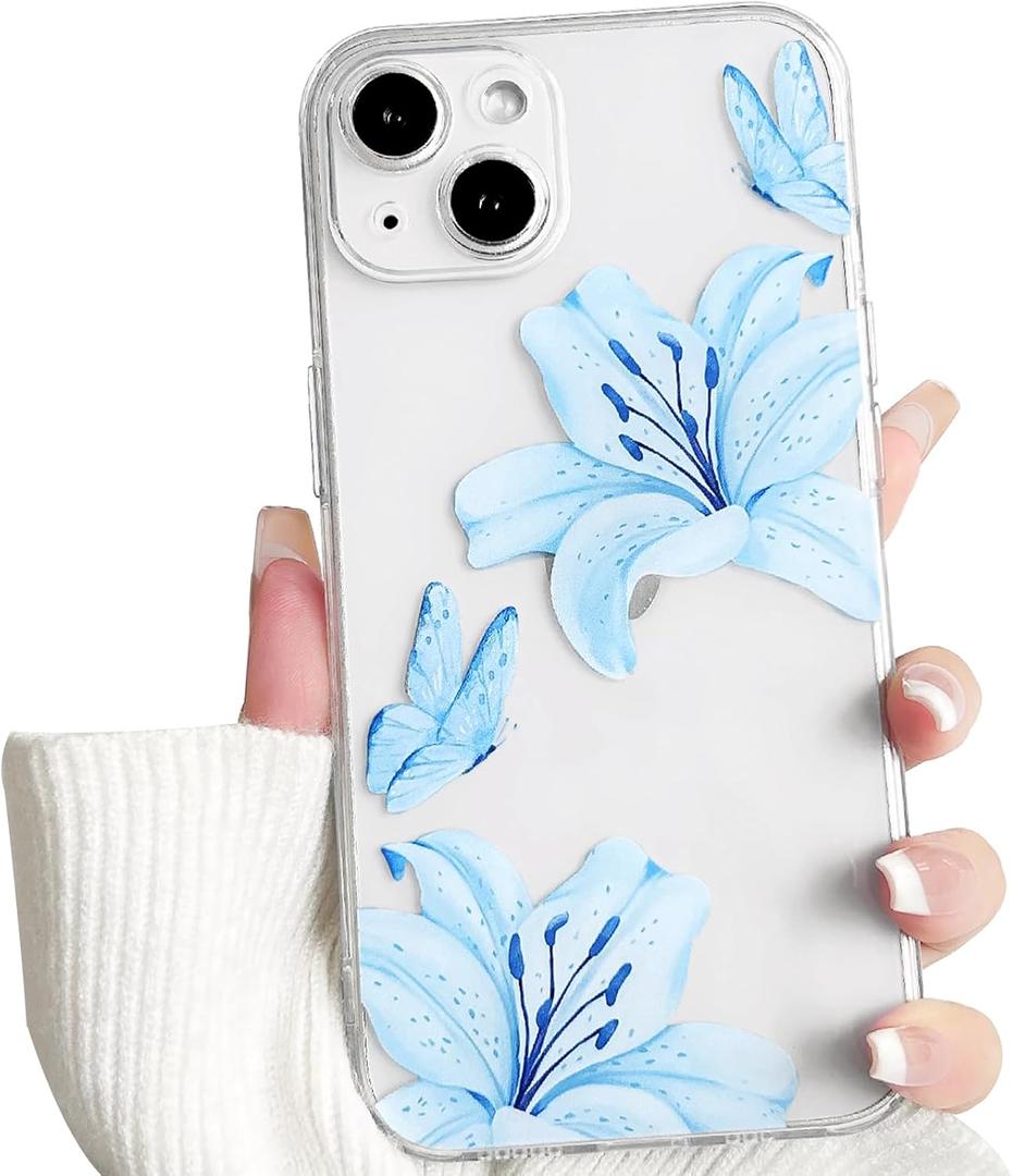 NITITOP Compatible with iPhone 13 Case Clear Cute Butterfly Lily Flower Floral Pattern for Women Girls Full Camera Lens Clear Slim Shockproof Protective Phone Cover - Blue