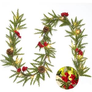 RECUTMS 6.5Ft Christmas Garland Decorations with Lights Artificial Red Berries and Pinecones Xmas Decorations for Home Wall Decor Red Berries