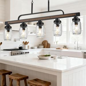 5-Light Rustic Farmhouse Dining Room Light, Black Mason Jar Chandelier Lighting Fixture for Kitchen Island, Dining Room, Cluster Hanging Pendant Light with Jar Glass Shade