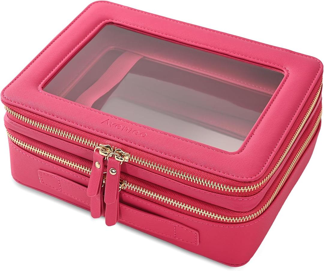 Aveniee XL Clear Makeup Organizer,Double Layer Travel Cosmetic Case with Brush Holder & Zippered Compartments,Big Toiletry Bag for Travel Accessories,2 Layers Large,Hotpink (PitayaPink)