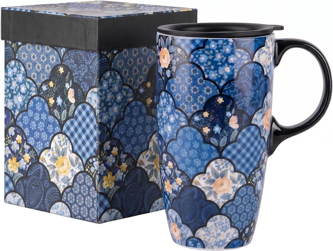 Topadornn oz Ceramic Travel Mug with Lid, Toile de Jouy Floral Coffee Mug, Blue White Botanical Latte Cup, Microwave & Dishwasher Safe