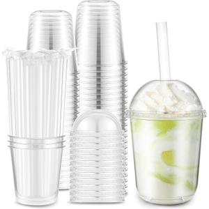 Ziliny 50 Set Clear Plastic Cups with Dome Lids and Straws Sturdy & Food Safe Disposable U Shaped Cups for Cold Drinks Smoothie Milkshake Bubble Tea Juice Cocktail Iced Coffee Party(12 oz)