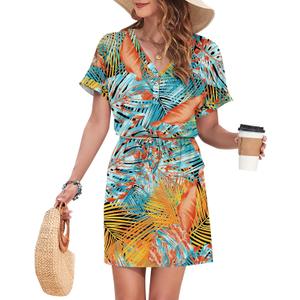 AUSELILY Womens Summer Dress 2026 Casual Short Sleeve Sundress V Neck Tie Button Beach Swing Dresses with Pockets (XXL)