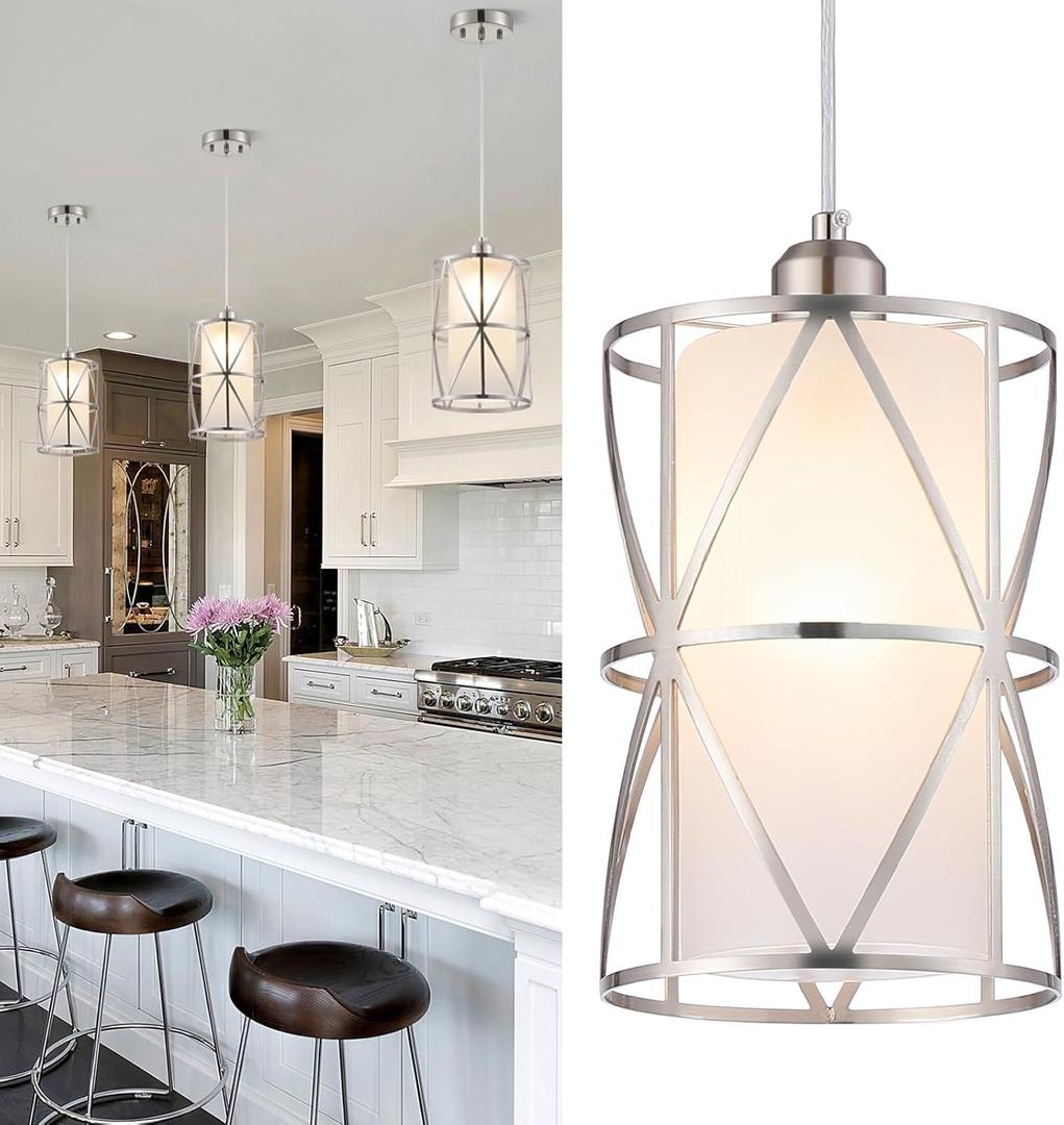 Pendant Lights Kitchen Island with Frosted Glass, Brushed Nickel Hanging Kitchen Lights, Cylindrical Modern Pendant Light, Kitchen Pendant Lighting Over Island, Foyer, Dining Room, Entryway (7''x 10'',1Light (Large))