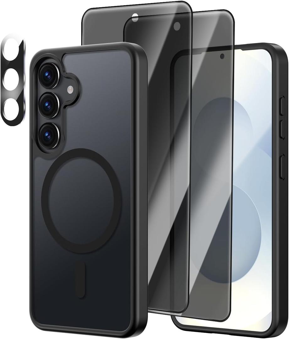 [4 in 1] Magnetic for Samsung Galaxy S25 Case, 2 Pics Privacy Screen Protectors and 1 Pic Camera Protector, Fit for MagSafe, Military Grade Shockproof Translucent Matte Galaxy S25 Cover 6.2, Black