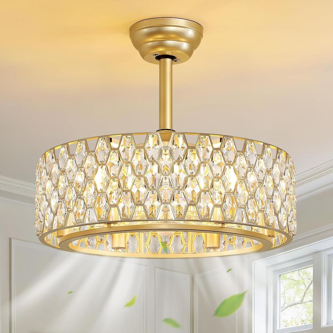 RUIYEY Crystal Ceiling Fans with Lights: 20 inch Gold Caged Fandelier Ceiling Fans with Remote, Reversible 7 Blades 6 Speeds E12 6 Light Modern Flush Mount Ceiling Light Fixtures for Bedroom Kitchen