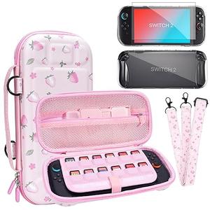 FIWWAT Switch 2 Case 3 in 1 Accessories Bundle for Nintendo Switch 2, Cute Protable Carrying Case for Girls with Shoulder Strap, Clear Protective Shell Cover, Screen Protector, Pink Strawberry