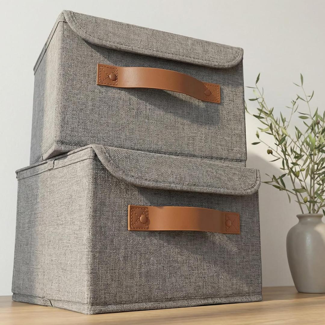Decorative Linen Storage Boxes with Lids - Spacious Set of 2 Organizer Bins for Your Home Decor - The Perfect Small Container to Safely Store Photos, Documents and Memory Box Keepsakes in Style (Medium, Grey)