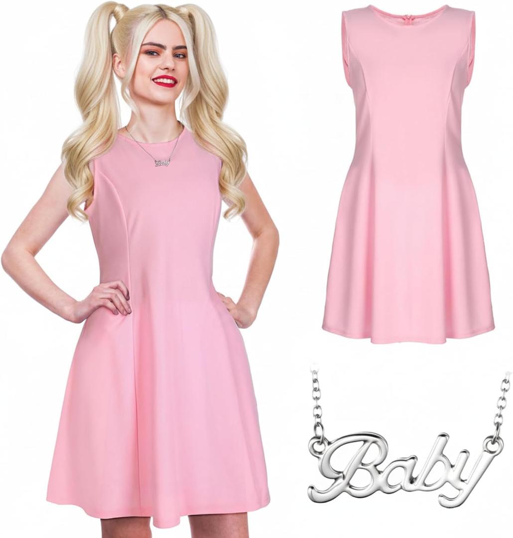 2 Pcs 90s Sweet Women Costume Pop Star Costume Boat Neck Pink Dress with Pendant Necklace for Halloween Cosplay (L)