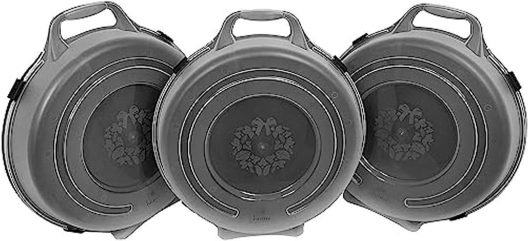 HOMZ Set of 3 Holiday Wreath Plastic Storage Containers, Holds Up to 24 Diameter, Secure Latching Lid and Easy Grip Handle, Stackable and Nestable, Black/Clear