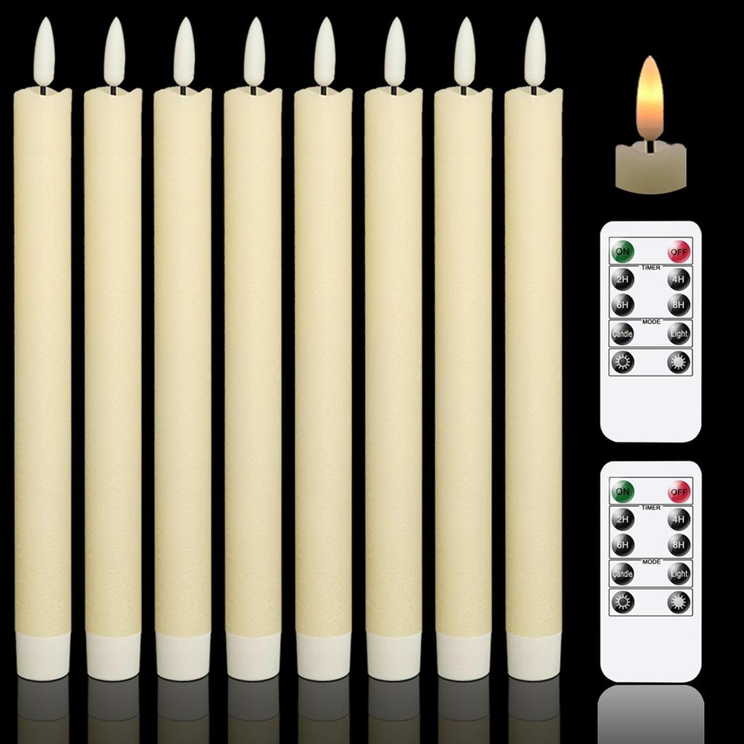 GenSwin Flameless Flickering Taper Candles with 2 Remote Controls and Timer, Real Wax 3D Wick Light Window Candles Battery Operated Pack of 8, Christmas Home Wedding Decor (Ivory, 0.78 X 9.64 Inch)