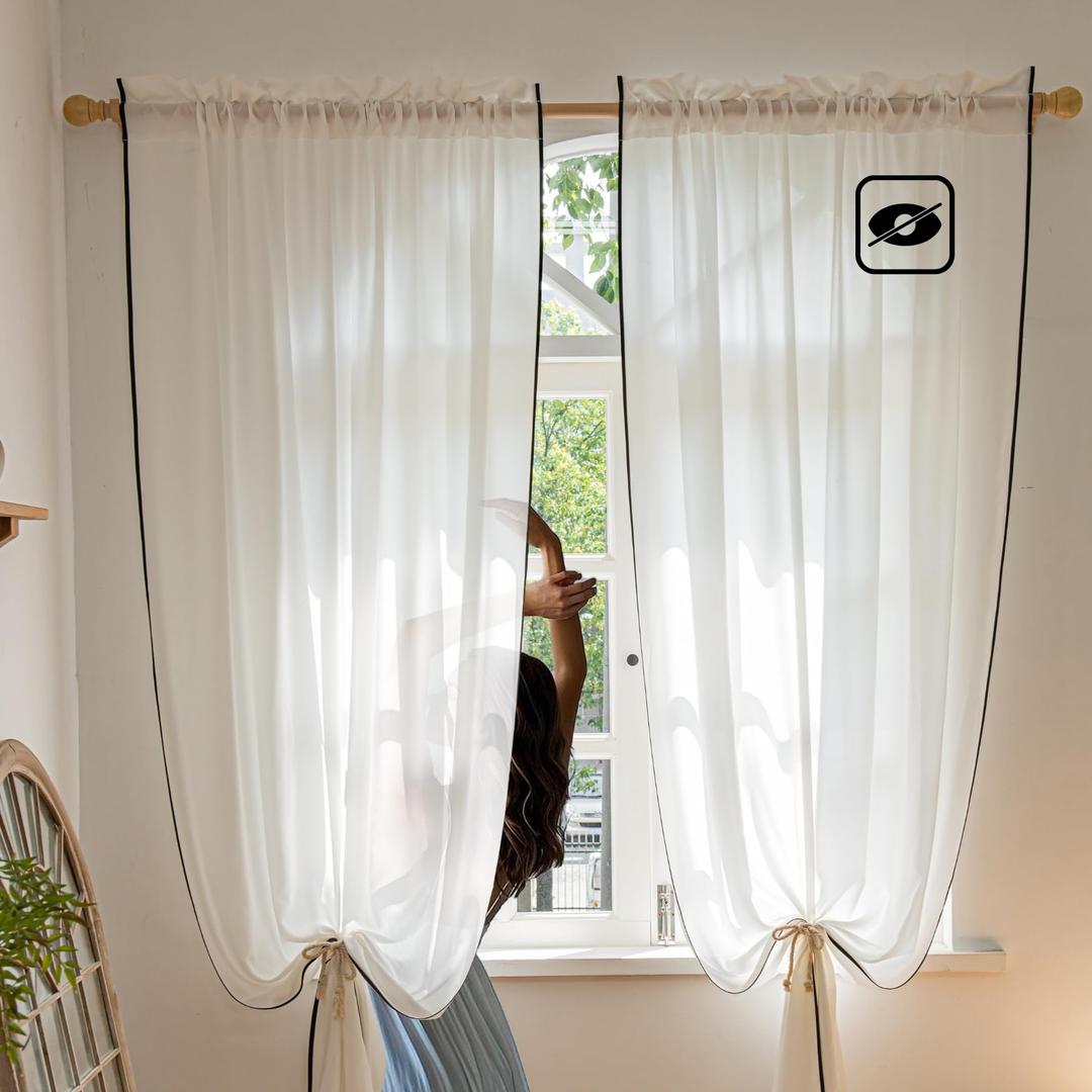 Aljctns White Sheer Curtains 96 Inches Long 2 Panels Non-See-Through Semi Sheer Curtain 52" W x 96" L Light Filtering Window Curtains Drapes for Living Room Bedroom Office