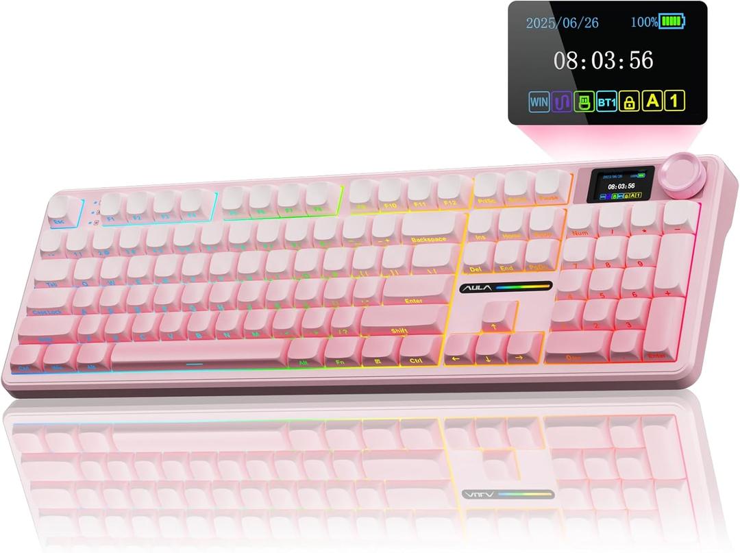 AULA F108 PRO - Wireless Mechanical Keyboard with Screen & Knob,Full Size Keyboard with 8000mAh Battery,Pre-lubed Switches,Side Printed PBT Keycaps,RGB Backlit Hot Swappable Custom Gaming Keyboards (Pink) AULA F108 PRO - Wireless Mechanical Keyboard with Screen & Knob,Full Size Keyboard with 8000mAh Battery,Pre-lubed Switches,Side Printed PBT Keycaps,RGB Backlit Hot Swappable Custom Gaming Keyboards (Pink)