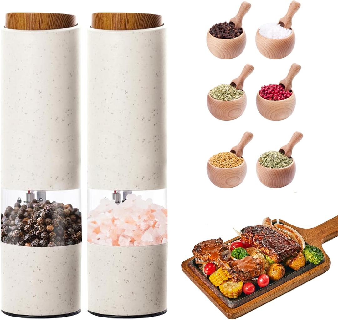 Electric Salt and Pepper Grinder, Pepper Grinder Set 2pcs, Wheat Straw Eco-friendly Material Automatic Pepper Salt Grinder, Adjustable Roughness, One Hand Operation