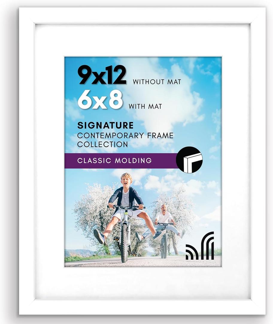 Americanflat 9x12 Picture Frame with Shatter-Resistant Glass - Use as 6x8 Frame with Mat or Display 9x12 Photo Without Mat - Signature Collection - Picture Frames for Tabletop and Wall Display - White