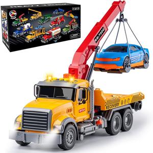 15" Large Tow Truck Toy,Friction Powered Transport Truck Crane Toy with Lights and Sounds,with Roadster,Kids Toys for 3 4 5 6 7 Years Old Boys Girls Gifts