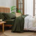 BESTOUCH Sheet Set 100% Washed Cotton Linen Feel Super Soft Comfortable Chic Lightweight 4 Pcs Home Bedding Set Solid Olive Green King