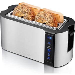 Elite Gourmet ECT5322 Long Slot 4 Slice Toaster, Countdown Timer, Bagel Function 6 Toast Setting, Defrost, Cancel Function, Built-in Warming Rack, Extra Wide Slots for Bagels Waffles, Stainless Steel