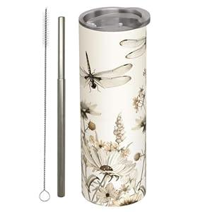 Dragonfly and Wildflower Stainless Steel Insulated Tumbler with Lid - 20oz Vintage Botanical Travel Mug, Reusable Metal Straw & Brush, Double-Wall Vacuum Bottle Cup for Hot and Cold Drinks, Gifts