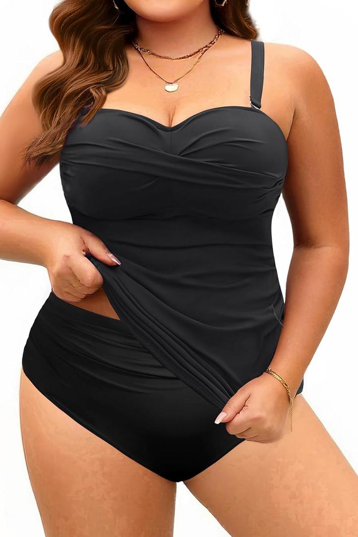 Aqua Eve Women Two Piece Plus Size Tankini Strapless Bathing Suits Bandeau Swimsuits with High Waisted Bottom (Black, 12W)