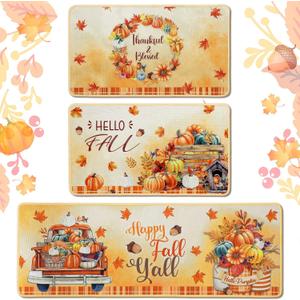 3 Pcs Thanksgiving Fall Rugs and Mats Set Happy Autumn Farmhouse Non Slip Doormat Pumpkin Maple Leaf Floor Rugs for Harvest Kitchen Bar Office Party Home Decor, 17 x 29 and 17 x 47 Inch