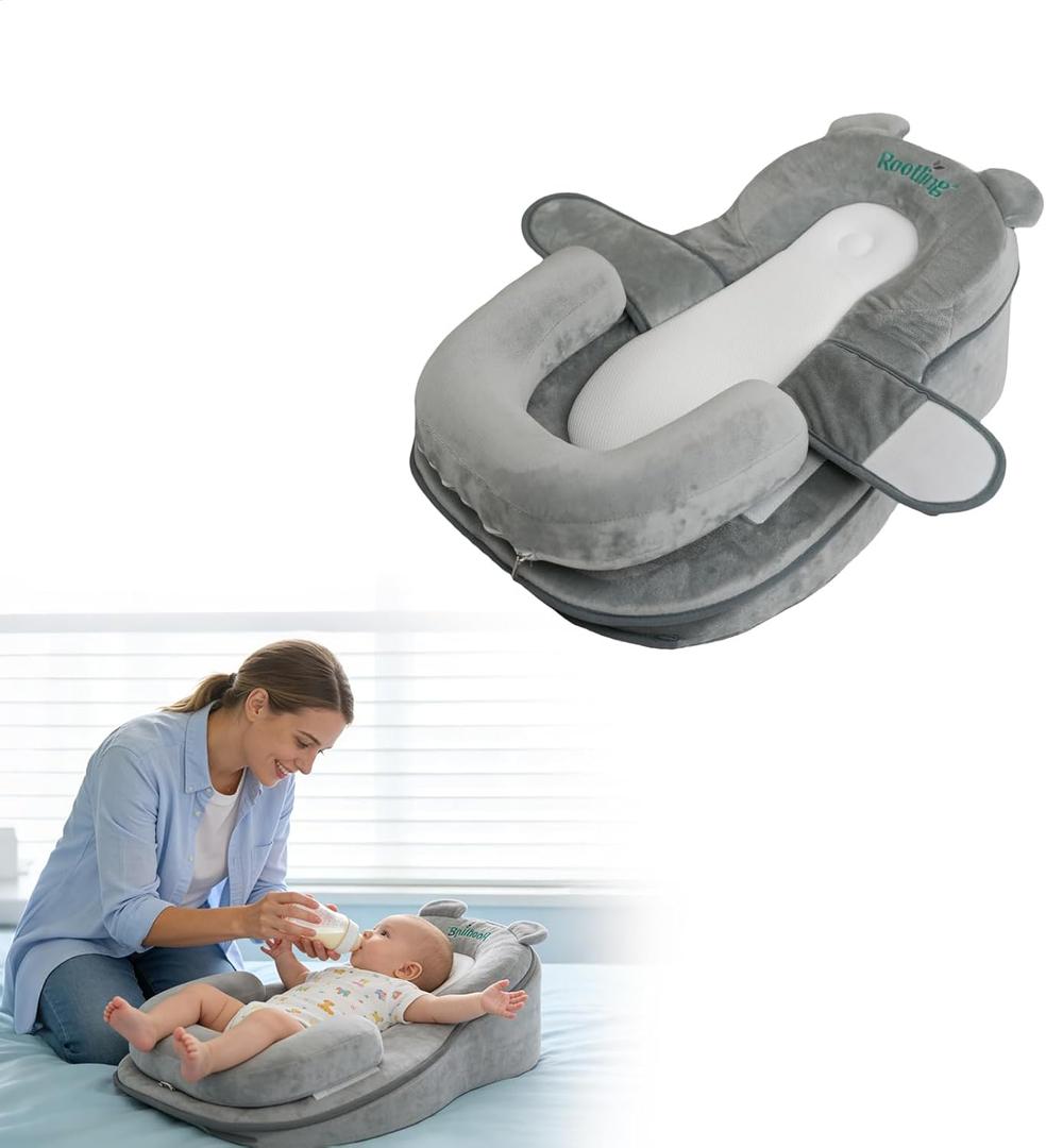 Rootling Baby Feeding Pillow, Anti Overflow Feeding Pillow for Reducing Spit-Up, Safety Nursing Pillow, Baby Lounger Reflux Wedge Breastfeeding, Removable top and Bottom (Gray, Small)