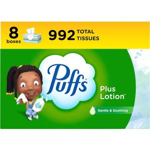 Puffs Plus Lotion Facial Tissues, 8 Family Boxes, 124 Facial Tissues per Box, Allergies and Colds