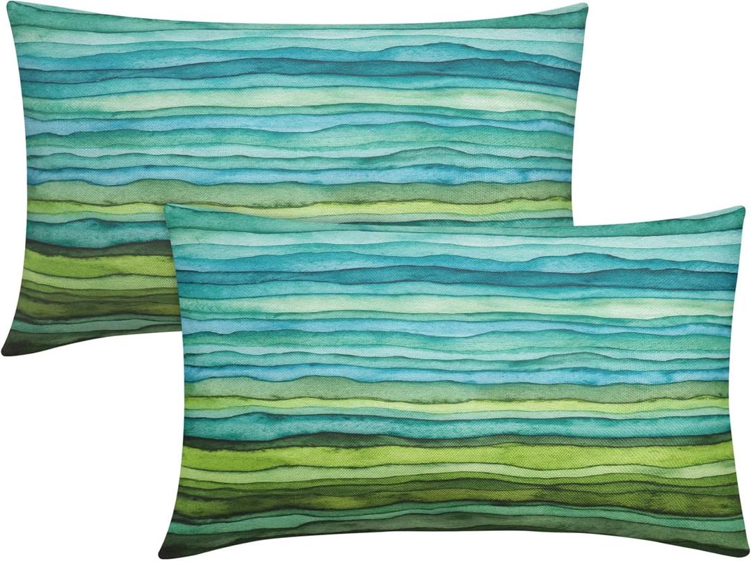 Teal Blue Green Pillow Covers 12X20 Inch Watercolor Aqua Waves Brush Lumbar Pillow Cases Abstract Striped Sea Splash Recgantle Throw Pillows Set of 2 Home Decor for Room Bedroom Bed Cushion Outdoor (Ns-green Stripes)