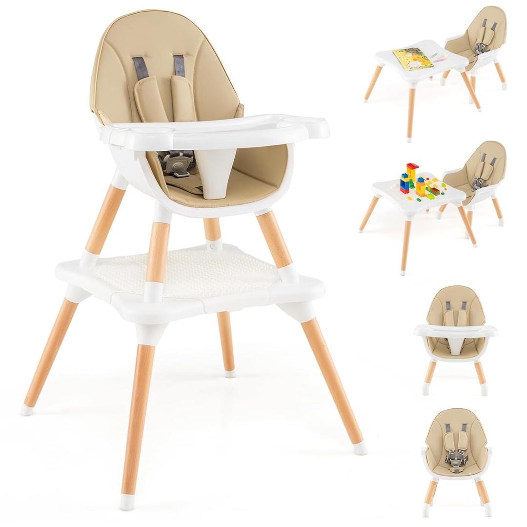 HONEY JOY Baby High Chair, 6-in-1 Convertible Wooden Highchair for Babies and Toddlers/Building Block Table, Toddler Dining Chair w/Safety Harness, Removable Feeding Tray & Seat Cushion (Khaki) 