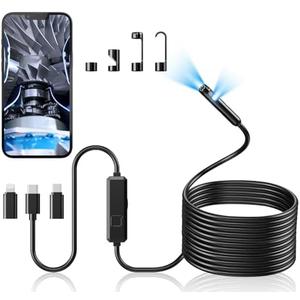 Acoath Endoscope Camera with Light, Dual-Lens 1920P HD Borescope with 8 Adjustable LED Lights, IP67 Waterproof Boroscope Inspection Tools, 33ft Semi-Rigid Snake Camera for iOS & Android