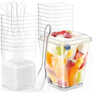 TLAZZ 20 Pack 5 Oz Plastic Dessert Cups with Lids and Spoons, Yogurt Parfait Appetizer Cups for Party, Clear Mini Dessert Shooter Cups with Spoons for Pudding Fruit Trifle Ice Cream