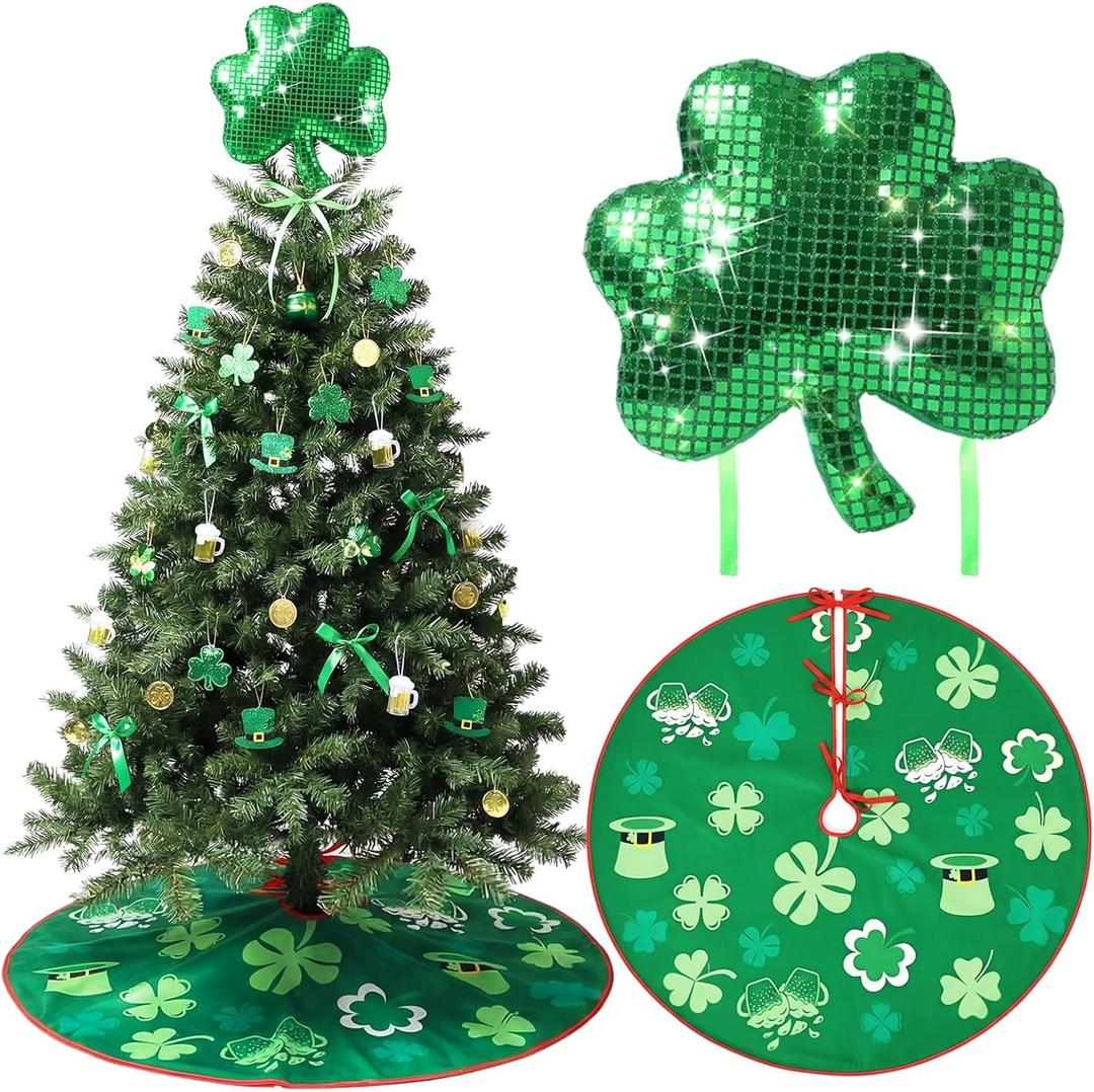 Civaner 2 Pcs St. Patrick's Day Topper for Tree Decorations Irish Shamrock Tree Skirt and St Patrick Ornament Treetop Clover Double Sided Print Mat for Home Decor Holiday Party