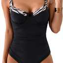 B2prity Women's Underwire One Piece Swimsuits Tummy Control Bathing Suits Push Up Swim Suit Color Block Swimwear (Large, Black , Wavy Stripe)
