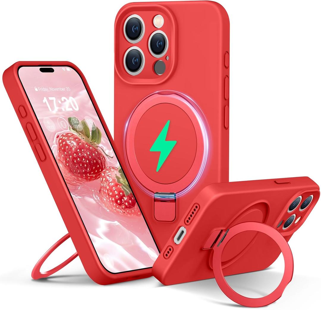 Liquid Silicone Case for iPhone 15 pro with Magnetic Ring Stand, Upgraded Camera Lens Protection, Mil-Grade Drop Shockproof, Anti-Scratch Microfiber Lining Silicone Case, Red 